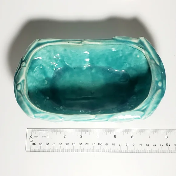 MCCOY Cherries & Leaves 1947 turquoise "brush glaze" MCM Ceramic Planter Pottery - Picture 7 of 8